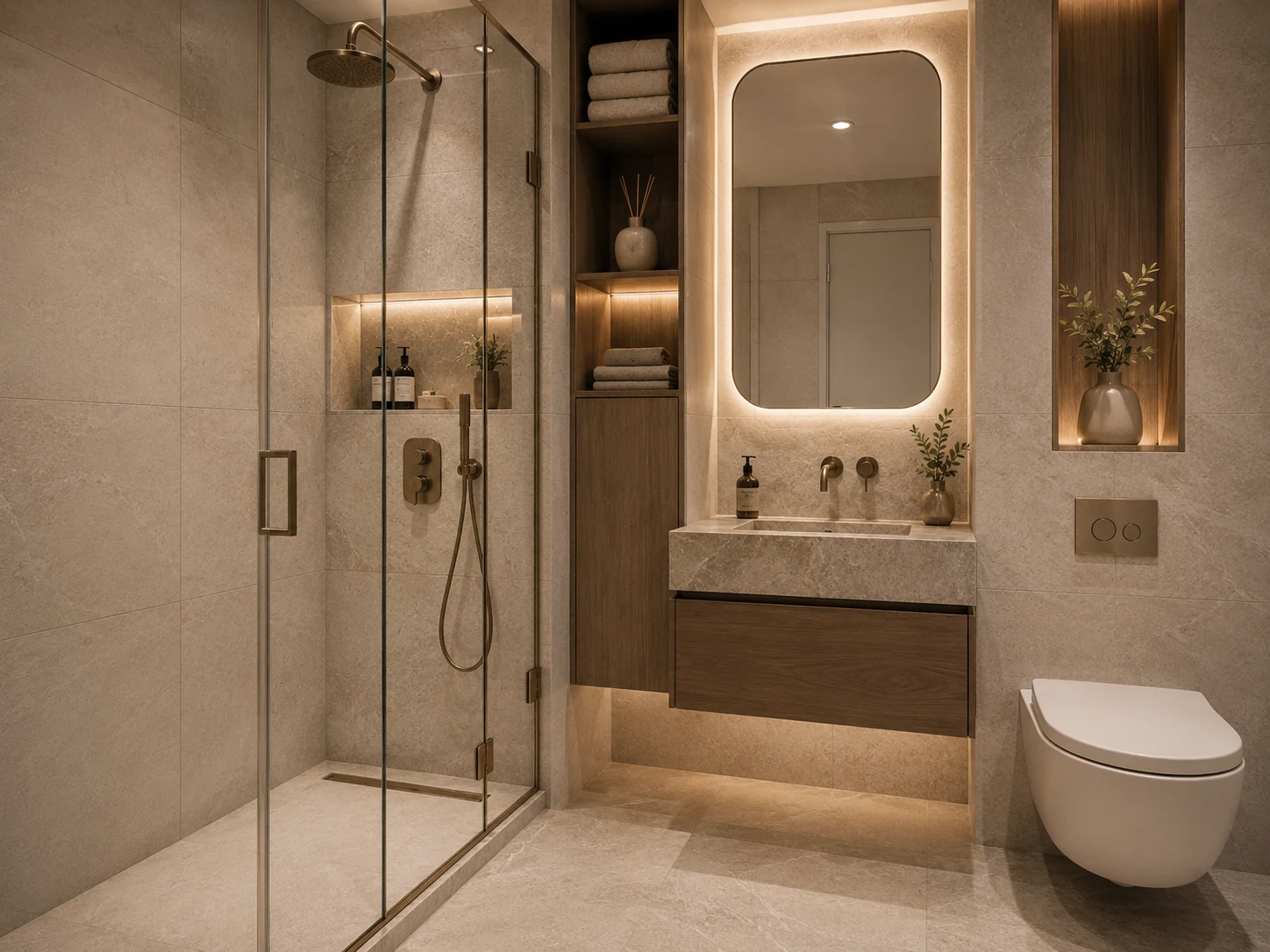 Compact apartment bathroom with floating vanity