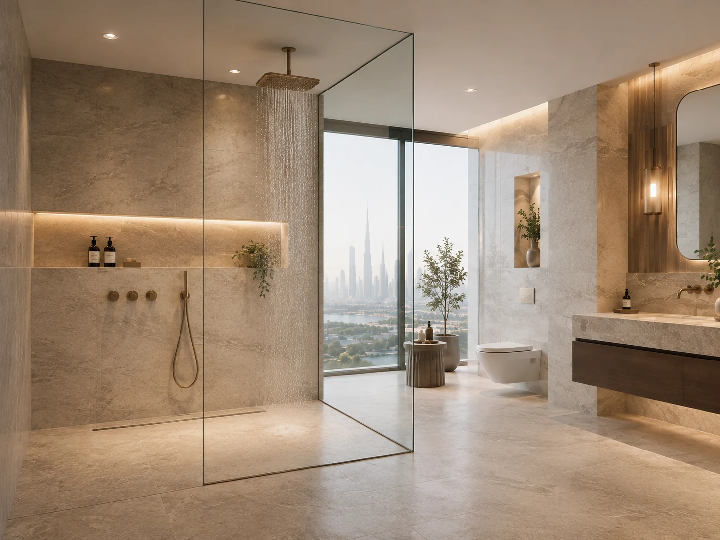 Walk-in shower with stone finishes